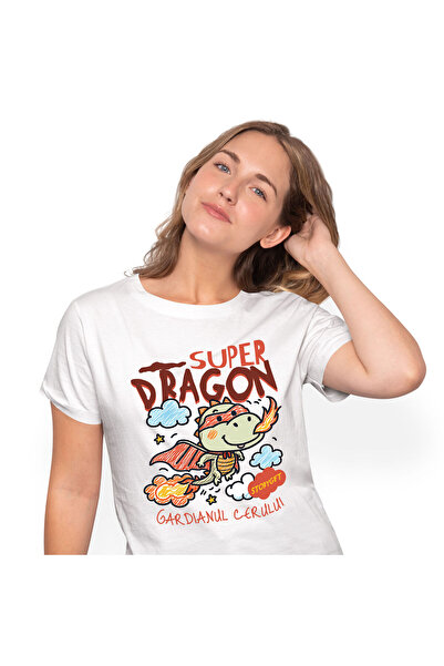 StoryGift Romania Tricou Femei cu Dragon Desenat Copii Cu Pelerina Si masca De Super Erou Flacari ,White_M