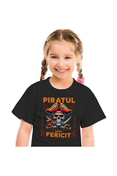 StoryGift Romania Tricou Copii cu Portret Craniu Uman Pirat Cu Palarie Si sab...