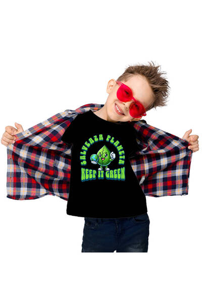 StoryGift Romania Tricou Copii cu Frunza Verde Vesela Glob Pamantesc In Mana,...