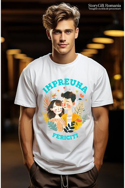 StoryGift Romania Tricou Barbati cu Cuplu Copii Colorati Stil Pictura Fericiti valentine's Day cu ,White_XL