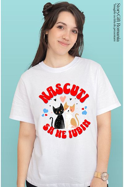 StoryGift Romania Women's T-Shirt with Black and Orange Cats Couple, Happiness, Love, Valentine, White_L