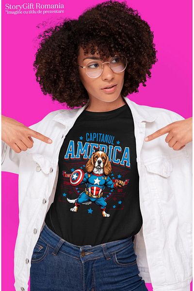 StoryGift Romania Tricou Femei cu Cocker Spaniel Caine In Costum de Capitan America cu Pelerina, E,Black_L