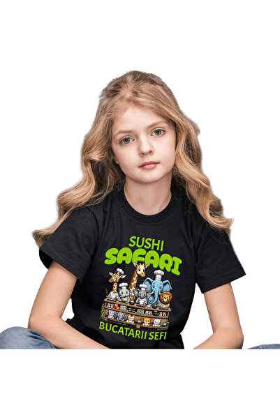 StoryGift Romania Tricou Copii cu Echipa Bucatarii Cheff Aniamle Din Jungla Preparat Sushi Cultura,Black_8ANI
