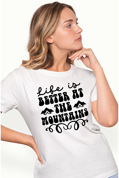 StoryGift Romania Tricou Femei pentru pasionatii de aventuri si textul "Viata e mai buna in munti" WHT_S