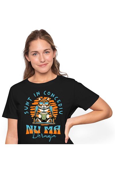 StoryGift Romania Women's T-Shirt with Orange Cat in Sunglasses on a Coconut Lounger,Black_L