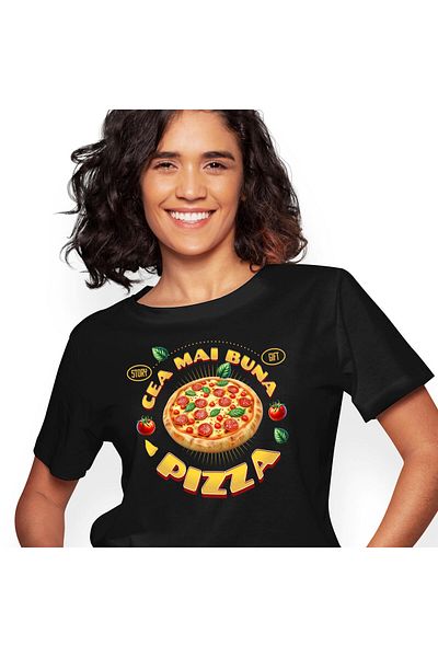 StoryGift Romania Tricou Femei cu Pizza Imensa cu Peperoni Fast Food Mancare Pofticios cu imprimeu,Black_XL