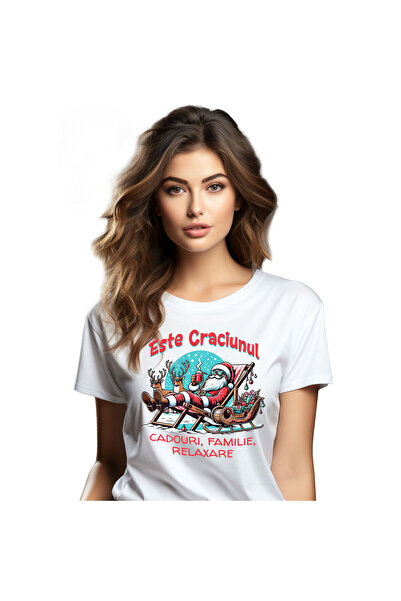 StoryGift Romania Tricou Femei cu Mos Craciun Vesel pe Sezlong Cu Ciocolata c...