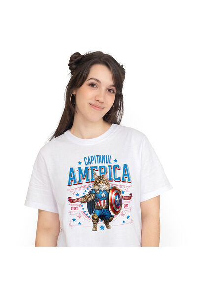StoryGift Romania Tricou Femei cu Maine Coon Pisica In Costum de Capitan Amer...