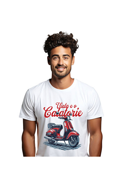 StoryGift Romania Tricou Barbati cu Scuter Rosu Clasic Plimbare Romantica Ave...