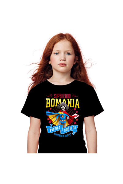 StoryGift Romania Children's T-shirt with Poodle / Poodle Dog in Captain Romania Costume with Cape, E,Black_8ANI