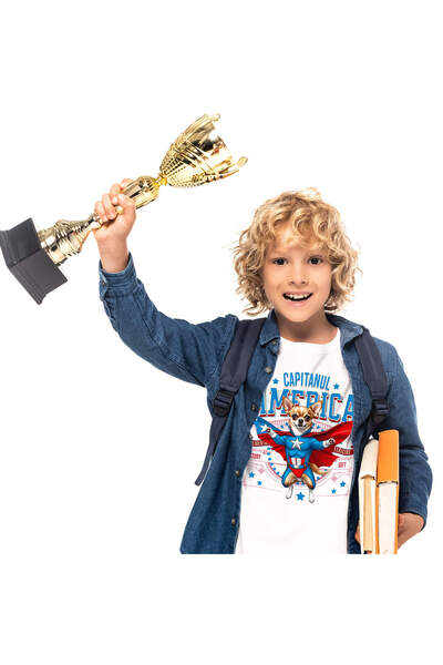 StoryGift Romania Children's T-shirt with Chihuahua Dog in Captain America Costume with Cape, Hero N, White_6 YEARS