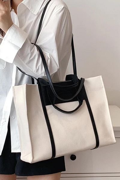 Madamra Black-Cream Women's Leather Detailed Canvas Tote Bag