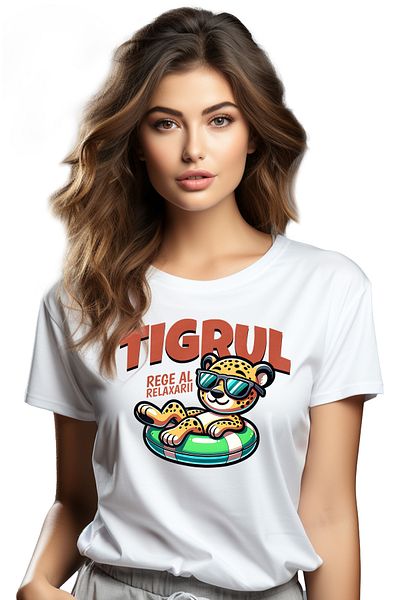 StoryGift Romania Women's T-shirt Tiger-King of Relaxation, with print on the Front, 100% Cotton, White, X WHT_XS