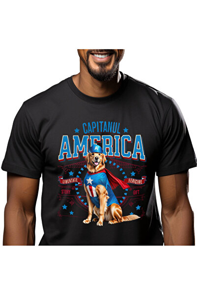 StoryGift Romania Tricou Barbati cu Golden Retriever Caine In Costum de Capit...