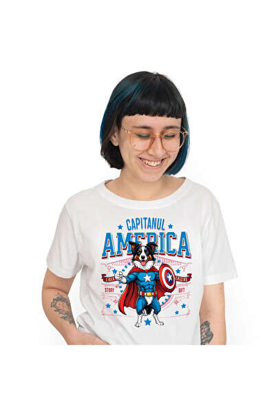 StoryGift Romania Women's T-Shirt with Border Collie Dog in Captain America Costume with Cape, Er,White_XL