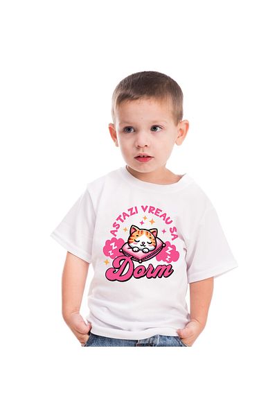 StoryGift Romania Kids T-Shirt with Orange Cat Sleeping on Pink Pillow, Sleep, Fluffy Animal with i,White_8ANI
