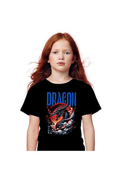 StoryGift Romania Tricou Copii cu Cultura Chinezeasca Dragon Furios Cu coarne si Flacari, Planeta ,Black_12ANI