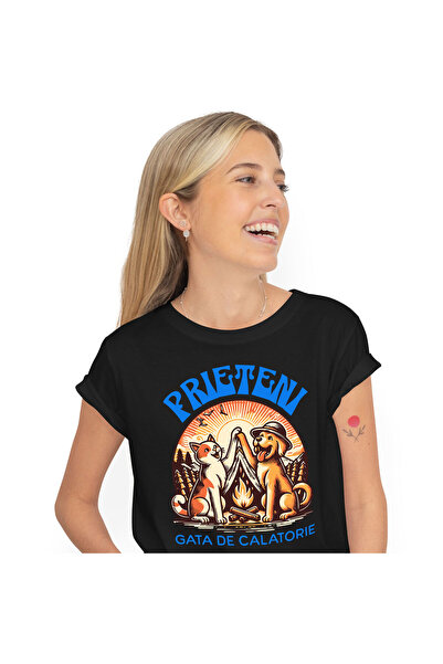 StoryGift Romania Tricou Femei cu Pereche Perfecta Caine Pisica Foc De Tabara...