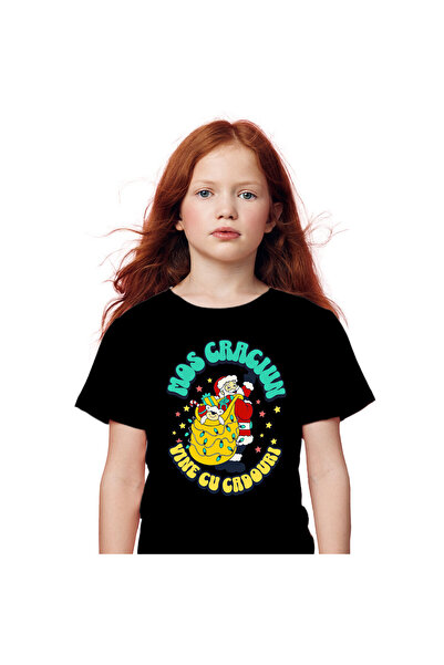 StoryGift Romania Tricou Copii cu Mos craciun Vesel cu Sac Galben Plin De cad...