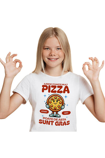 StoryGift Romania Tricou Copii cu Pizza Rotunda Vesela Semn Ok Iubesc Pizza G...