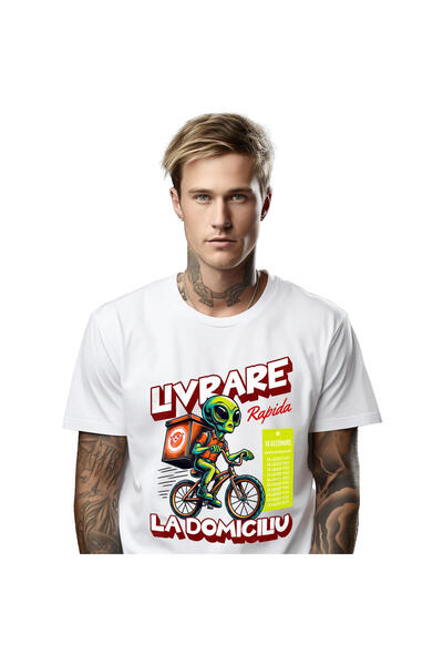 StoryGift Romania Tricou Barbati cu Extraterestru Curier Cu Bicicleta Si Cuti...