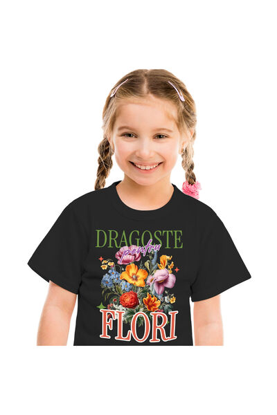 StoryGift Romania Tricou Copii cu Buchet De Flori Colorate,Natura Dragoste, cadou, Valentine's Day,Black_10ANI