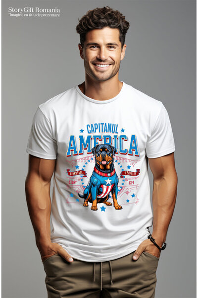 StoryGift Romania Men's T-Shirt with Rottweiler Dog in Captain America Costume with Cape, Hero, White_M