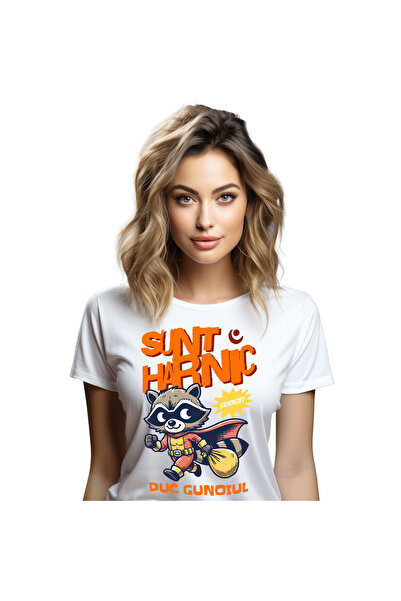 StoryGift Romania Tricou Femei cu Animal Cu Pelerina De Super erou, Sac Galben, Desene Animate cu ,White_S