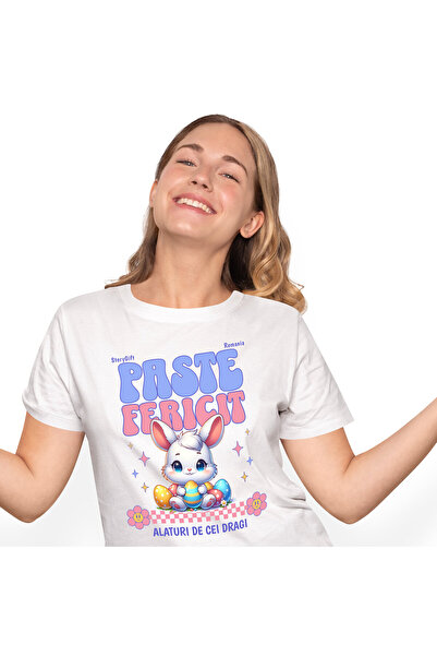 StoryGift Romania Tricou Femei cu Iepure Alb Copii Cu Oua Colorate Pascal Flo...