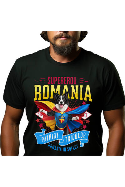 StoryGift Romania Men's T-Shirt with Border Collie Dog in Captain Romania Costume with Cape, ,Black_S