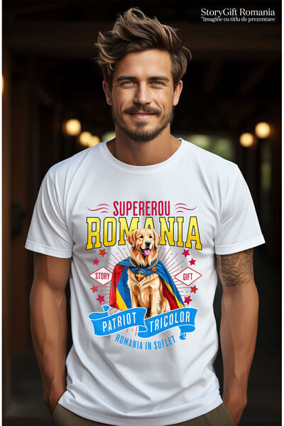 StoryGift Romania Men's T-Shirt with Golden Retriever Dog in Captain Romania Costume with Cape,White_XL