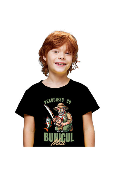StoryGift Romania Tricou Copii cu Batran Si Nepot La Pescuit, Familie, Undita...