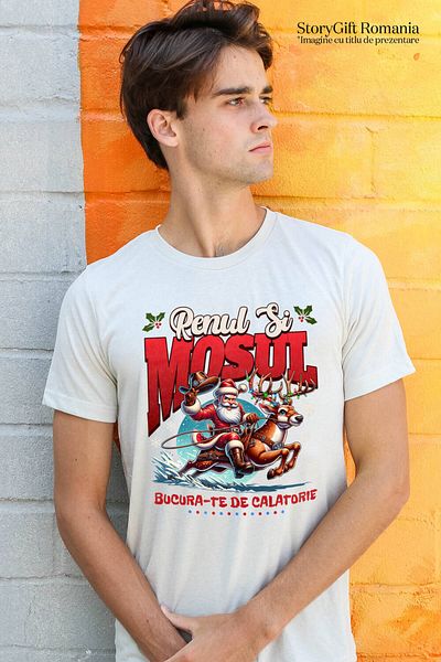 StoryGift Romania Tricou Barbati cu Mos Cracin Pe Ren Impodobit, Cadouri, Viteza, Mos Craciun Cool,White_L