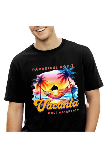 StoryGift Romania Tricou Barbati cu Priveliste Plaja Insula Tropicala Hamac A...