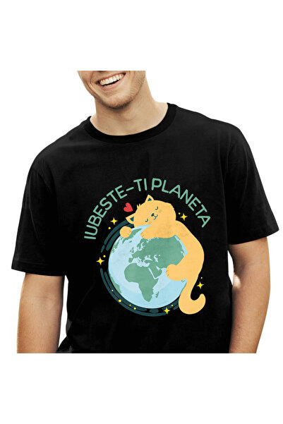 StoryGift Romania Tricou Barbati cu Pisica Galbena Imbratisare Planeta Pamant...