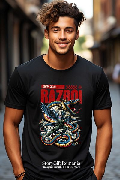 StoryGift Romania Tricou Barbati cu Dragon stil Sarpe Cultura Chinezeasca Soldat Armata Cu arma Lu,Black_XL