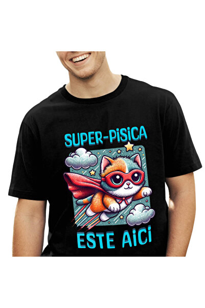 StoryGift Romania Tricou Barbati cu Pisica In Aer Cu Pelerina si Masca De Super-Erou, Desene Anima,Black_XL