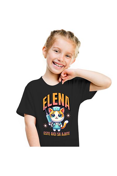 StoryGift Romania Tricou Copii cu Pisica Galbena Motan In Costum Medical Doctor Cu Seringa Imensa ,Black_6ANI