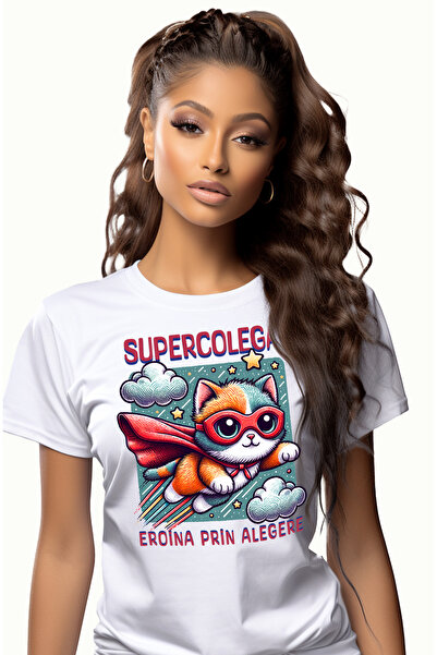 StoryGift Romania Tricou Femei Super Colega, SuperErou, Eroina Prin Alegere, cu imprimeu pe Fata, WHT_S