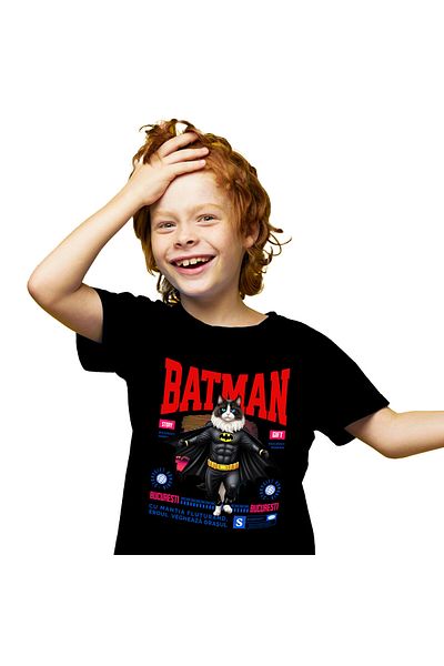 StoryGift Romania Tricou Copii cu Barbat Puternic Motivational Roata Imensa Supereroi Personaje Sa,Black_6ANI