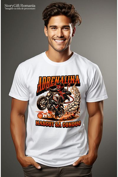 StoryGift Romania Tricou Barbati cu Diavol Cu Coarne Si Coada Pe Motocicleta Viteza Cursa Adrenali,White_M