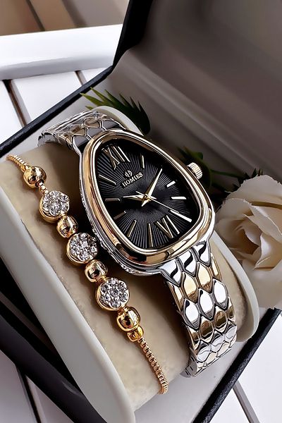 Homies Waterproof Gold Silver Women's Wristwatch - Steel Band & Bracelet Hmb3014C2