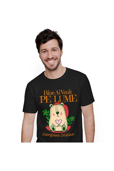 StoryGift Romania Tricou Barbati cu Animal Plus Jucarie Cu Inima Roz Familie Nou-nascut Copii, Dra,Black_L