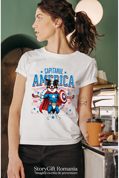 StoryGift Romania Women's T-Shirt with Border Collie Dog in Captain America Costume with Cape, Er,White_XL
