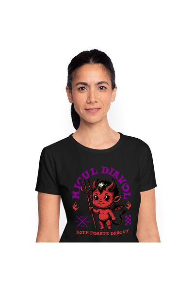 StoryGift Romania Tricou Femei cu Diavol Mic Cu furca Si Aripi, Hallowen, Inf...