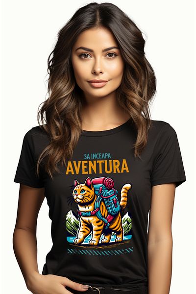StoryGift Romania Tricou Femei sa inceapa aventura, motan cu rucsac, pisica curajoasa, adrenalina BLK_L