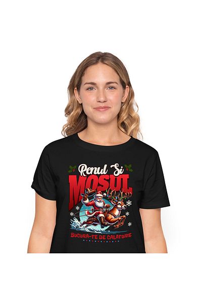 StoryGift Romania Tricou Femei cu Mos Cracin Pe Ren Impodobit, Cadouri, Viteza, Mos Craciun Cool c,Black_S