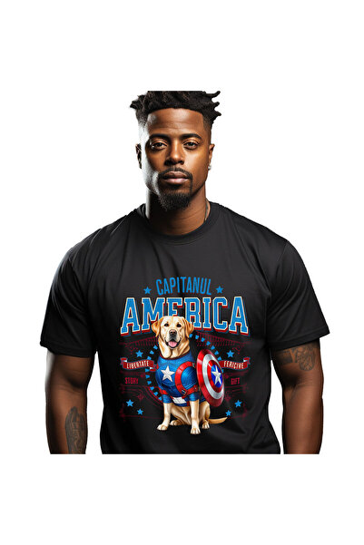 StoryGift Romania Men's T-Shirt with Labrador Retriever Dog in Captain America Costume with Cape, Black_S