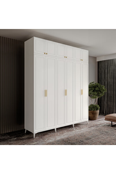 GuneyStore Ücretsiz Montaj Milas Gold 6 Kapaklı Komple MDF Ayaklı Yüklüklü Gardırop