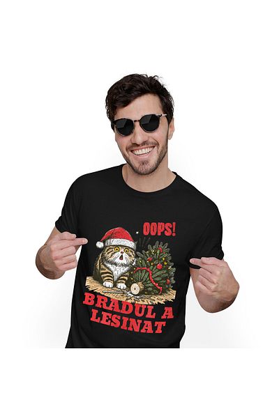 StoryGift Romania Tricou Barbati cu Pisica Grasa Cu Caciula Mos craciun, Bradul Cazut, Daramat, An,Black_XS
